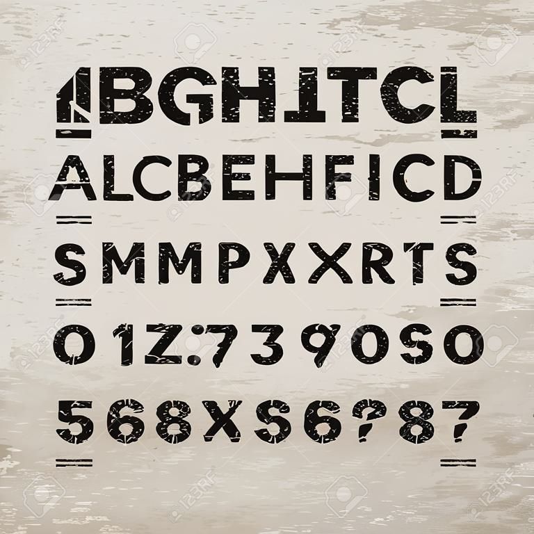 Alfabet płyty wzorcowej z efektem zadrapania. Proste litery szablonowe, cyfry i symbole. Stempel wzornik teksturowane litery do druku projektu.