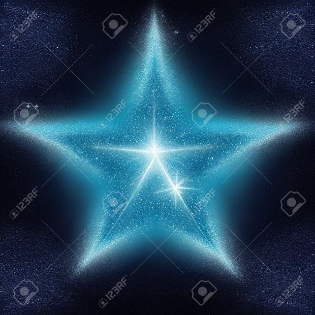 Blue glitter particles in star shape. Sparkling diamond texture. Star dust glittering sparks in explosion on black background. Vector neon christmas, new year symbol