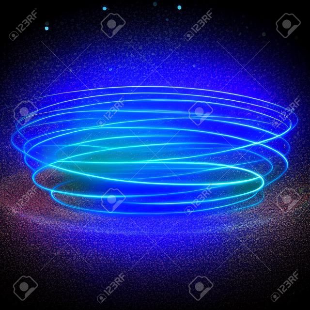 Vector blu cerchio di luce con effetto tracciamento. Glowing magia neon traccia anello di fuoco. Glitter scintilla effetto traccia turbinio su sfondo nero. Bokeh scintillio linea ellisse giro di scintillanti luci flash