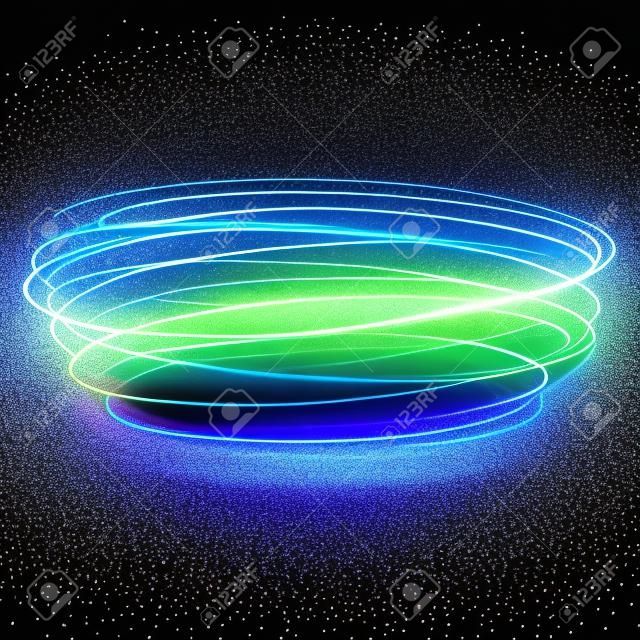 Vector blue circle light with tracing effect. Glowing magic neon fire ring trace. Glitter sparkle swirl trail effect on black background. Bokeh glitter round ellipse line of sparkling flash lights