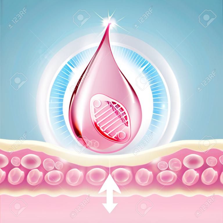 DNA beschermen collageen oplossing. Vector ontwerp huidverzorging behandeling. Huid verstevigen voeding roze essentie druppel. Jonge gevoelige irritatie huid reinigen moisturizer