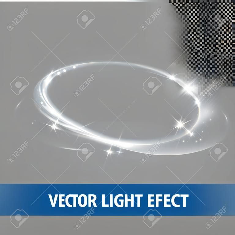 Wektor spirala koło efekt świetlny. Świecące białe światło ślad pierścienia w ruchu. Dynamiczny brokat magiczny blask wirowa szlak na przezroczystym tle. Błyszcząca neonowa okrągła fala błyszczących lamp błyskowych
