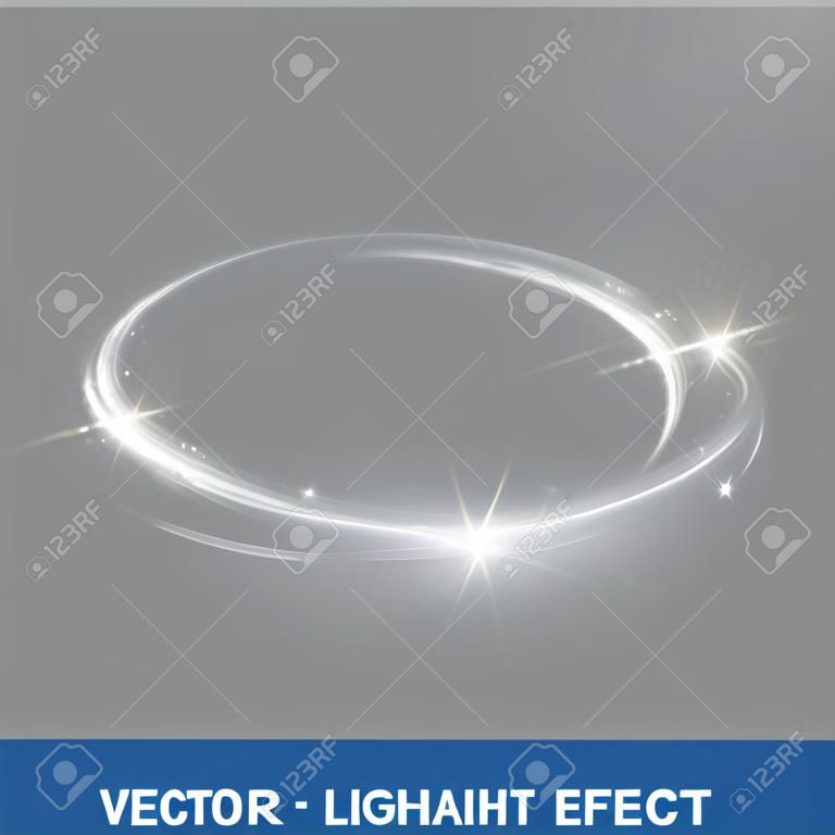 Vector efecto de luz círculo espiral. Brillante luz blanca anillo rastro en movimiento. Destello mágico brillo brillo remolino rastro en el fondo transparente. Brillo de neón ronda ola de luces brillantes