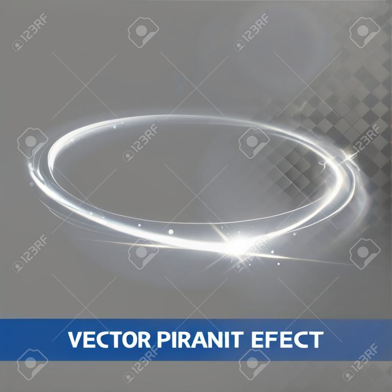 Vector luce effetto cerchio spirale. Glowing bianco traccia anello luminoso in movimento. Dinamico scintillio pista magica scintilla turbolenza su sfondo trasparente. Glitter neon tondo ondata di luci flash scintillanti