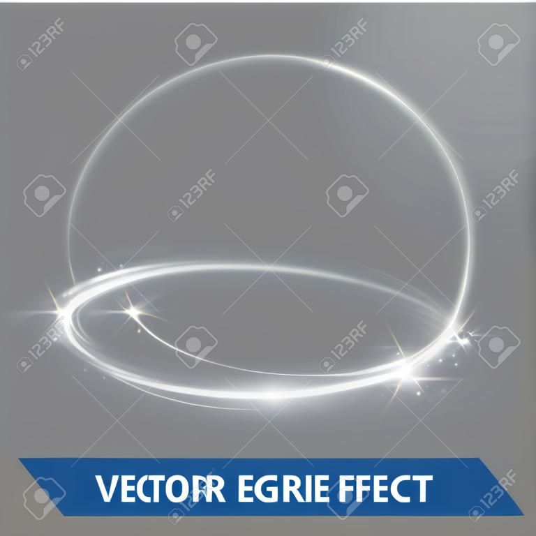 Wektor spirala koło efekt świetlny. Świecące białe światło ślad pierścienia w ruchu. Dynamiczny brokat magiczny blask wirowa szlak na przezroczystym tle. Błyszcząca neonowa okrągła fala błyszczących lamp błyskowych