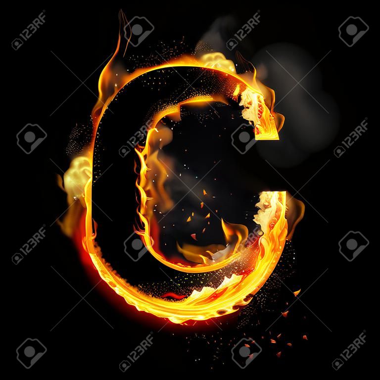 火焰字母C燃燒火焰。火焰燃燒的字體或篝火字母表文字與熾熱的煙霧和火熱或閃閃發光的熱效應。在黑色背景上的白熾燈紅色火焰發光