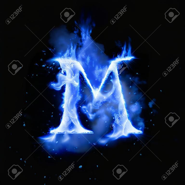 文字 M は燃える青い炎を発射します。書き込みのフォントまたはたき火アルファベットのテキストの焼けるように暑い煙と激しい炎や輝く熱効果を燃えます。黒い背景に白熱の冷たい火の輝き