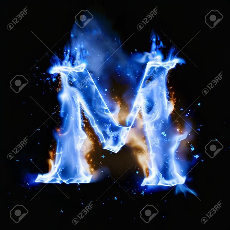 文字 M は燃える青い炎を発射します。書き込みのフォントまたはたき火アルファベットのテキストの焼けるように暑い煙と激しい炎や輝く熱効果を燃えます。黒い背景に白熱の冷たい火の輝き