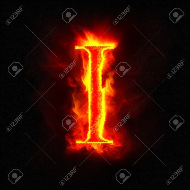 Fire letter I of burning blue flame. Flaming burn font or bonfire alphabet text with sizzling smoke and fiery or blazing shining heat effect. Incandescent cold fire glow on black background