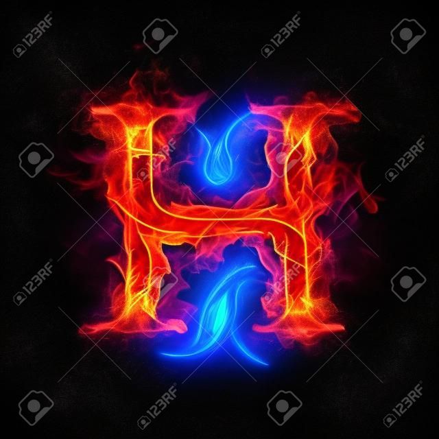 푸른 불꽃 레코딩의 화재 편지 H. 타오르는 연기와 불 같은 또는 열렬 한 빛나는 열 효과 타오르는 글꼴 또는 모닥불 알파벳 텍스트를 불타. 검정색 배경에 백열 차가운 화재 광선