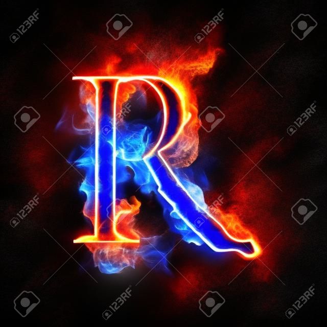 火焰字母R燃燒著藍色的火焰。火焰燃燒字體或篝火字母文字與熾熱的煙霧和火熱或閃閃發光的熱效應。白熾燈在黑色背景上發出冷光