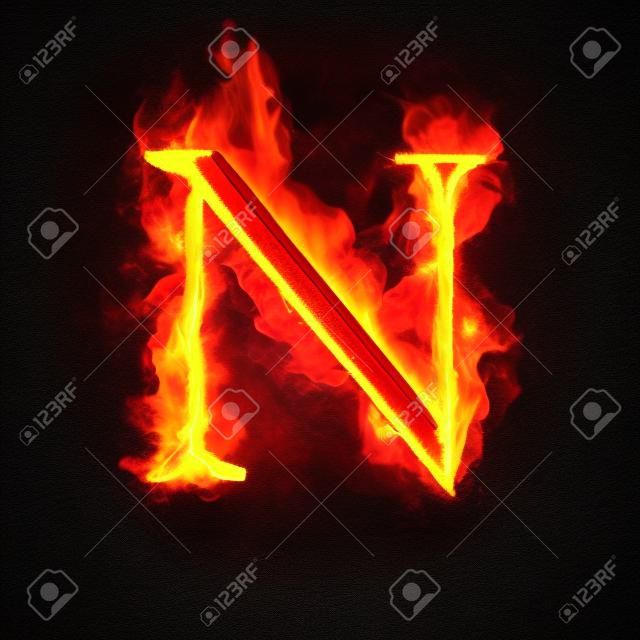 射击字母N燃烧的蓝色火焰。火红的燃烧字体或篝火字母文本，带有炽热的烟雾和火热的火焰。白炽灯冷火在黑色背景上发光