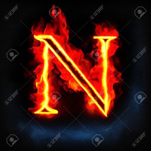 燃える青い炎の文字 N を発射します。書き込みのフォントまたはたき火アルファベットのテキストの焼けるように暑い煙と激しい炎や輝く熱効果を燃えます。黒い背景に白熱の冷たい火の輝き