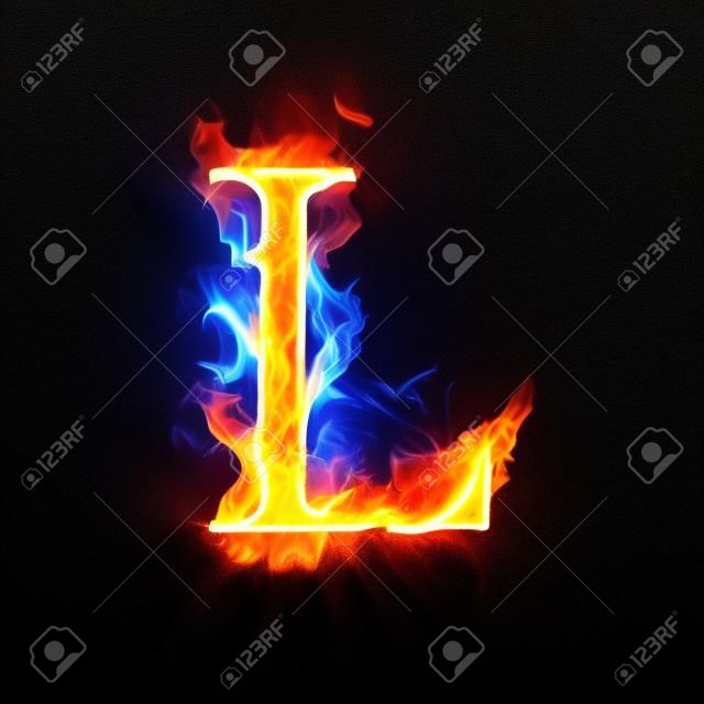 燃烧蓝色火焰的字母L。火红的燃烧字体或篝火字母文本，带有炽热的烟雾和火热的火焰。白炽灯冷火在黑色背景上发光