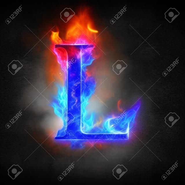 Litera ognia L spalania niebieski płomień. Płomienna czcionka spalania lub tekst alfabetu ognistego z wrzącym dymem i ognistym lub płonącym blaskiem ciepła. Żarzeniowe zimne ognia blask na czarnym tle