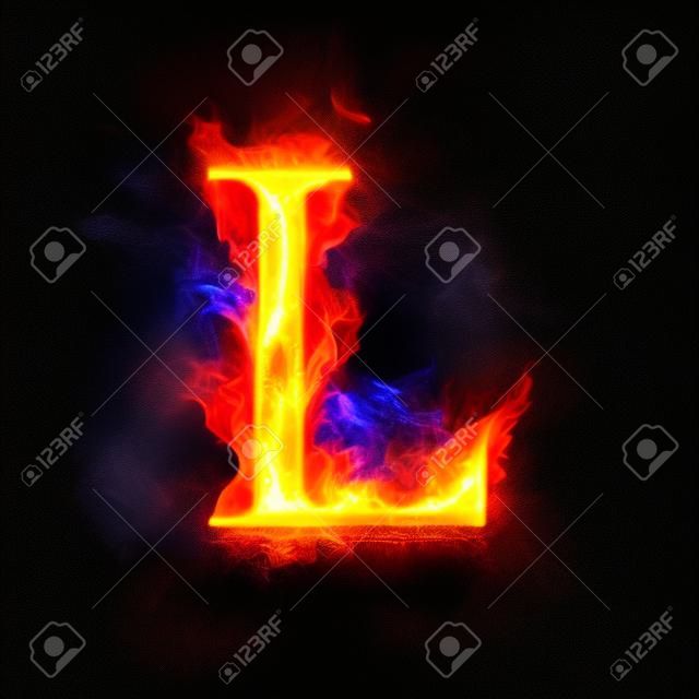 燃烧蓝色火焰的字母L。火红的燃烧字体或篝火字母文本，带有炽热的烟雾和火热的火焰。白炽灯冷火在黑色背景上发光