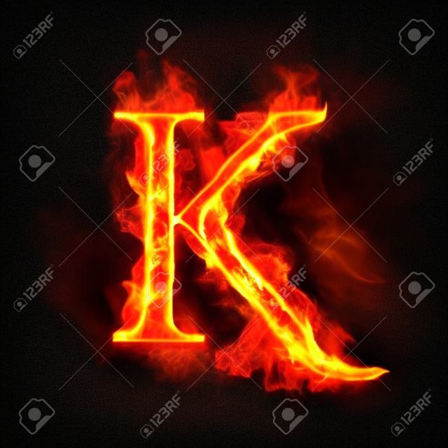 Fire letter K of burning blue flame. Flaming burn font or bonfire alphabet text with sizzling smoke and fiery or blazing shining heat effect. Incandescent cold fire glow on black background