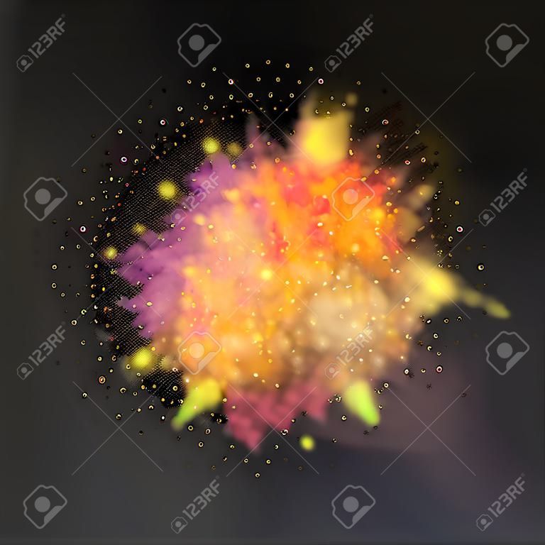 Paint powder explosion on transparent background. Purple dust explode for celebration or holiday design element