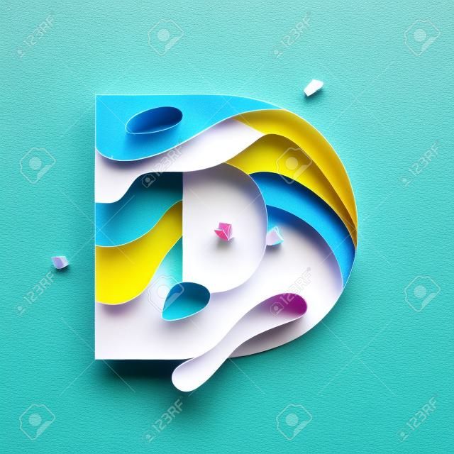Papercut list D. Realistyczne 3D wielowarstwowy efekt papercut na białym tle. Kolorowy charakter czcionki litery alfabetu. Element dekoracji origami na urodziny lub projekt powitania