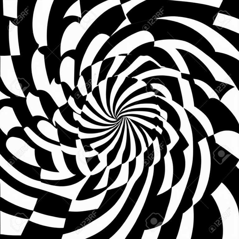 Linee di turbolenza ipnotica o spin o movimento circolare di spirale di illusione ottica. Vector sfondo di cerchi rotanti in bianco e nero o linee di ipnosi psichedelica in movimento ipnotico