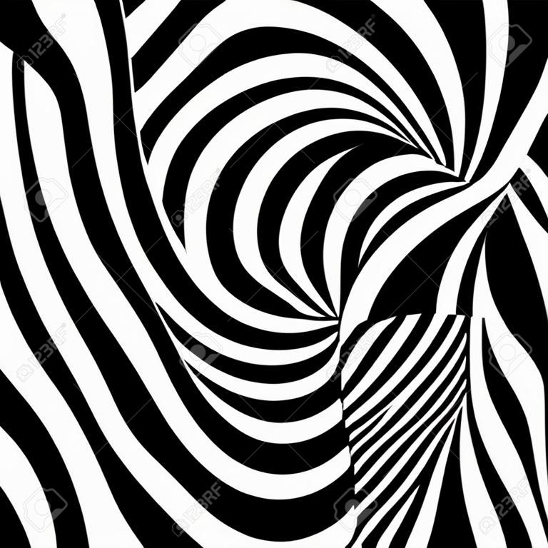 Linee di turbolenza ipnotica o spin o movimento circolare di spirale di illusione ottica. Vector sfondo di cerchi rotanti in bianco e nero o linee di ipnosi psichedelica in movimento ipnotico