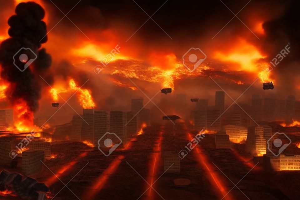 Detailed destruction of fictitious city with fires, explosion, sinkholes, split ground, train derailment  Concept of war, natural disasters, judgement day, fire, nuclear accident, terrorism, or meteorite fallout 