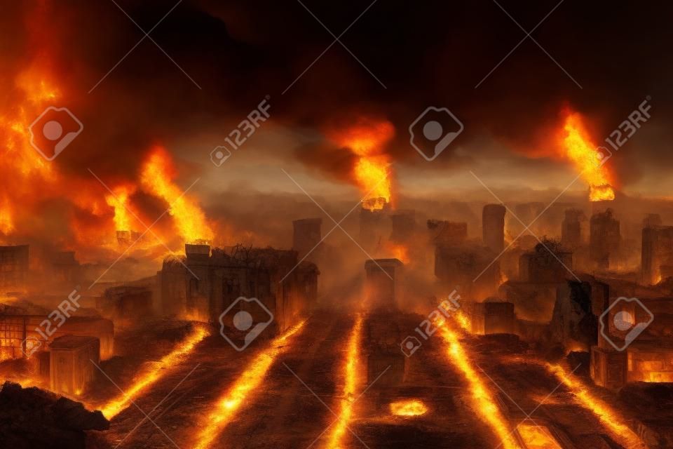 Detailed destruction of fictitious city with fires, explosion, sinkholes, split ground, train derailment  Concept of war, natural disasters, judgement day, fire, nuclear accident, terrorism, or meteorite fallout 