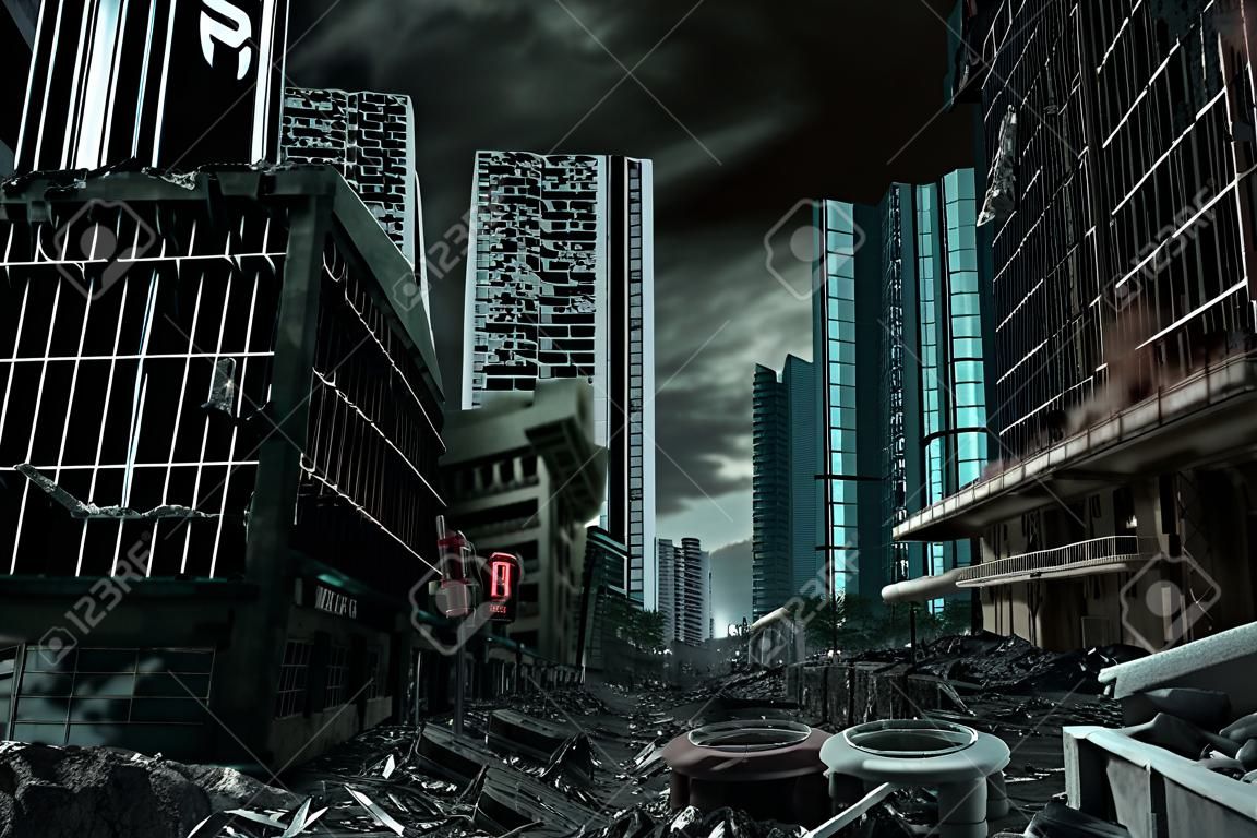 废墟和倒塌结构的虚拟城市的详细销毁：战争自然灾害、审判日、火灾、核事故或恐怖主义的概念