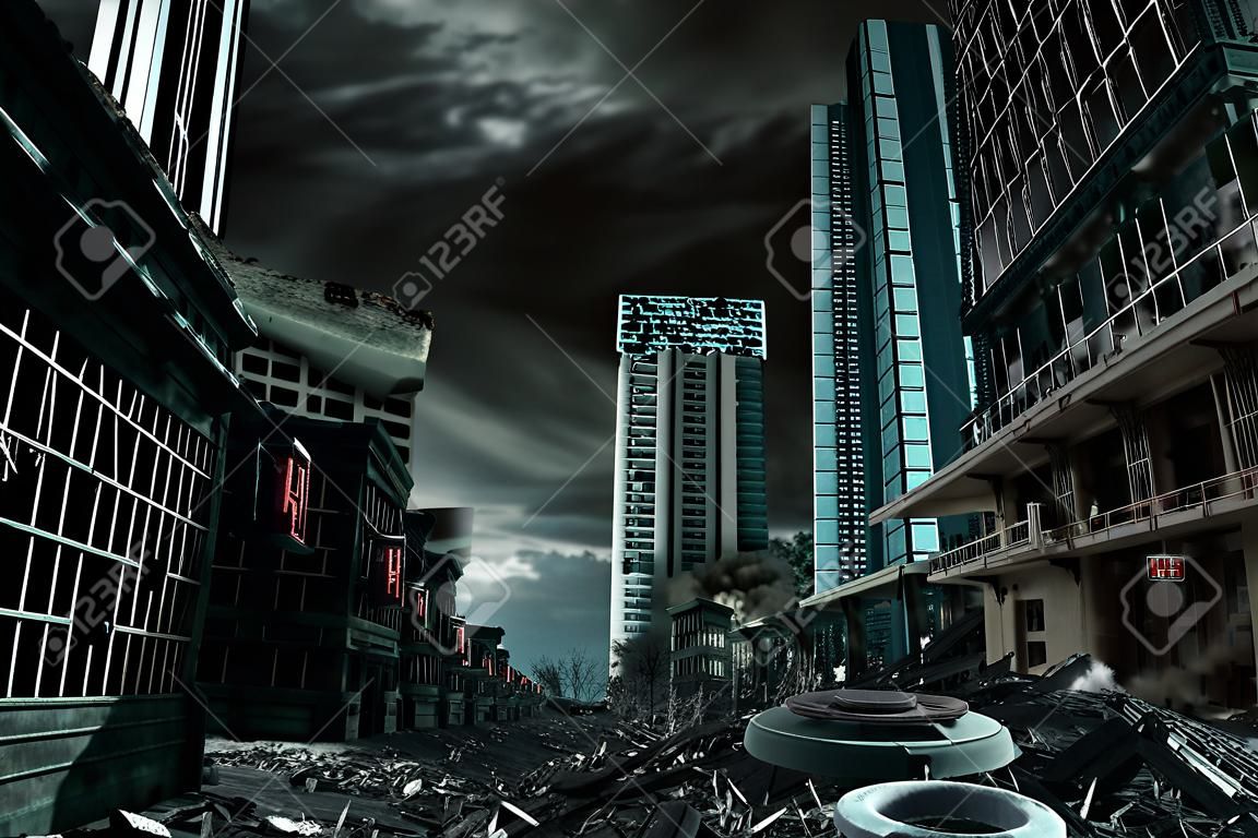 Distruzione dettagliata della città fittizia con detriti e strutture collassanti. Concetto di guerra, disastri naturali, giorno del giudizio, incendio, incidente nucleare o terrorismo.