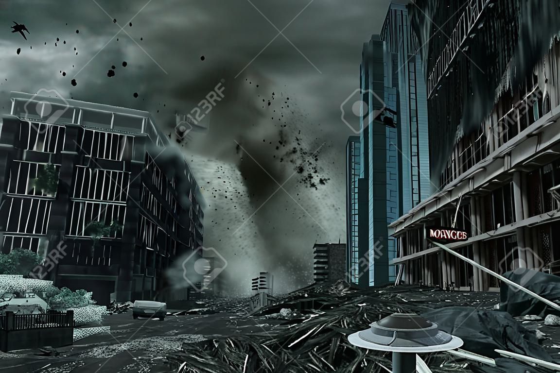 Um retrato cinematográfico de uma cidade destruída por um tufão, furacão ou tornado. Conceito de destruição da natureza de uma cena de desastre fictícia.