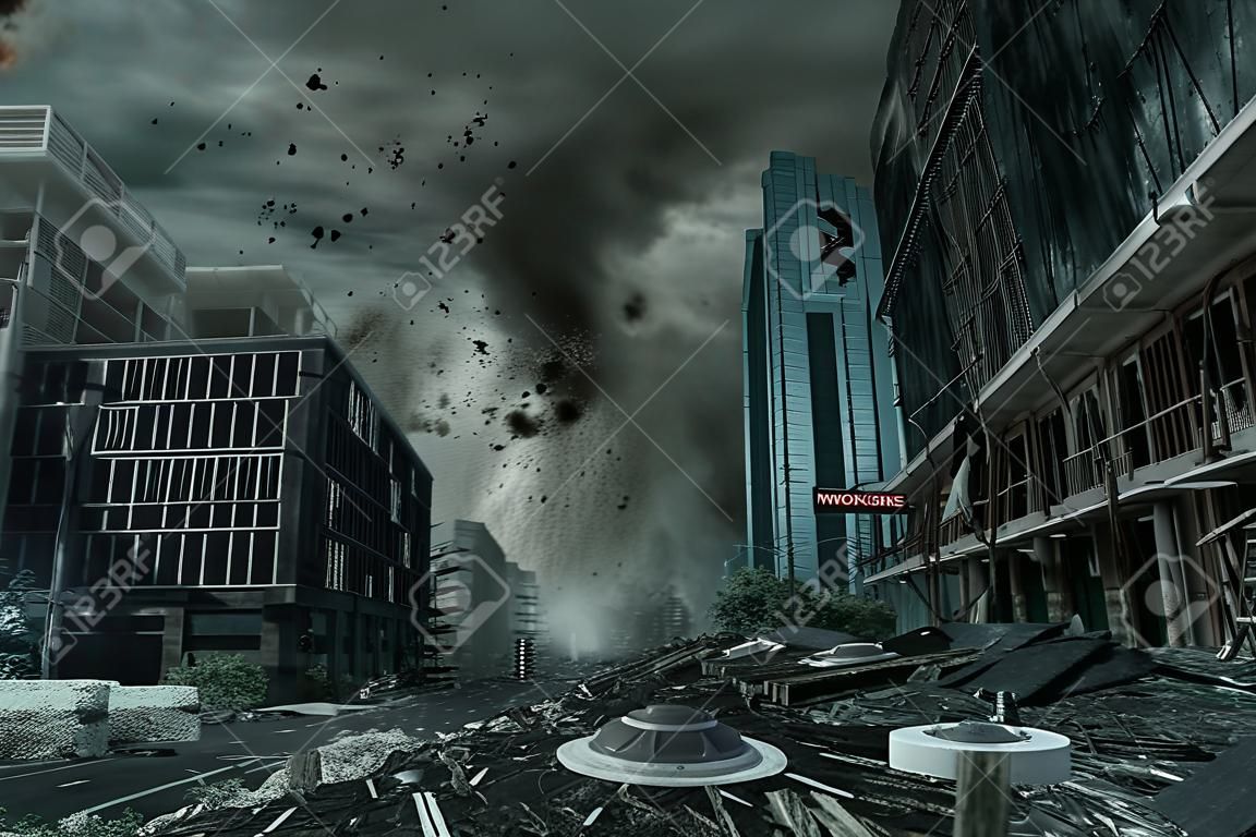 A cinematic portrayal of a city destroyed by a typhoon, hurricane or tornado twister. Concept of nature's destruction of a fictitious disaster scene.