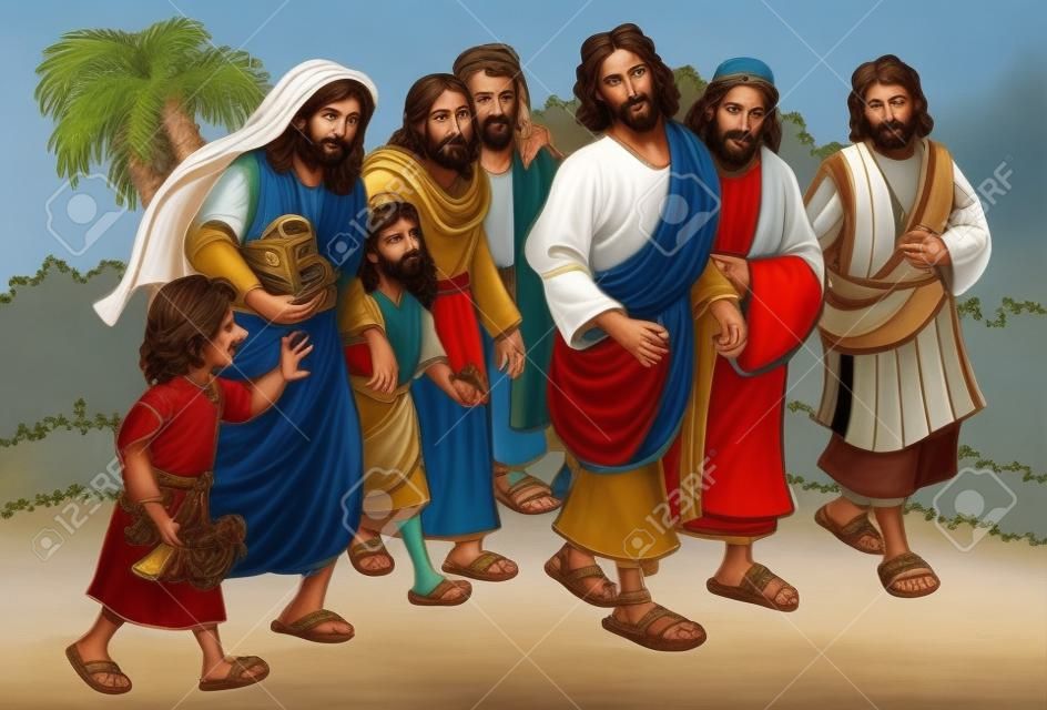 Jesus walking and talking to followers