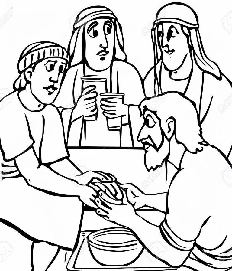 Página para colorear Jesús lava los pies de los discípulos