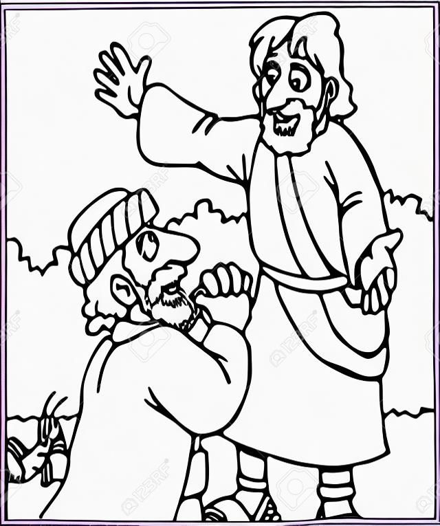 Coloring page of Jesus and man on knees