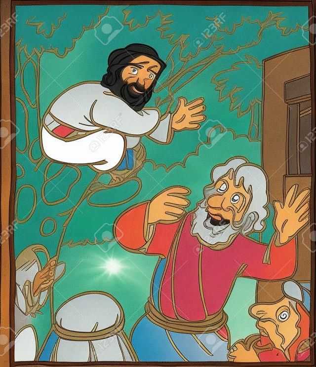 Cartoon van Jezus en Zacchaeus