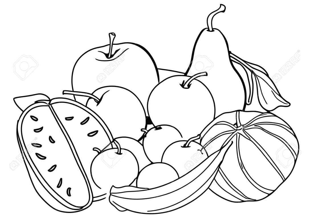 Fruit. Still life with different fruits, black outlines for childrens coloring, outlined design. Vector black and white illustration