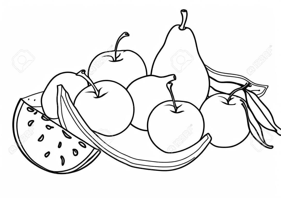 Fruit. Still life with different fruits, black outlines for childrens coloring, outlined design. Vector black and white illustration