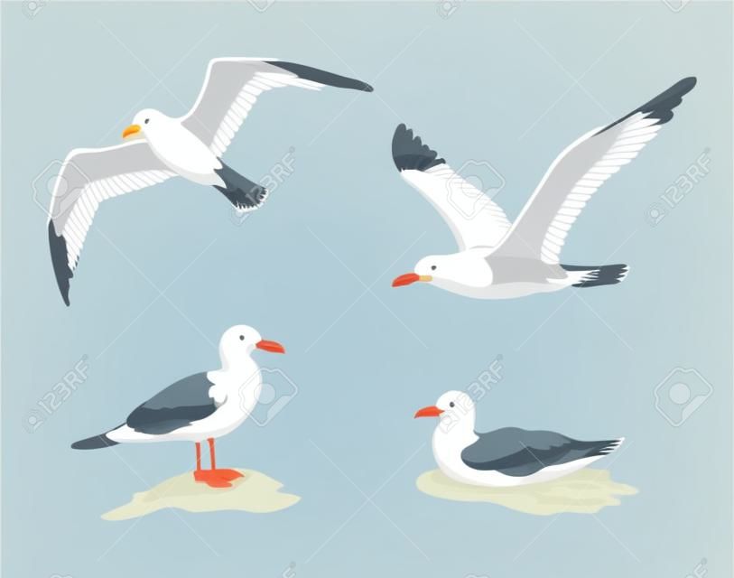 Möwen fliegen, sitzen und schwimmen. Vektor-illustration EPS8