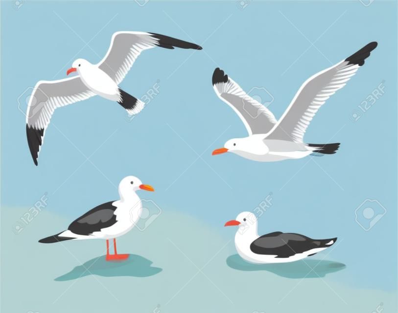 Möwen fliegen, sitzen und schwimmen. Vektor-illustration EPS8