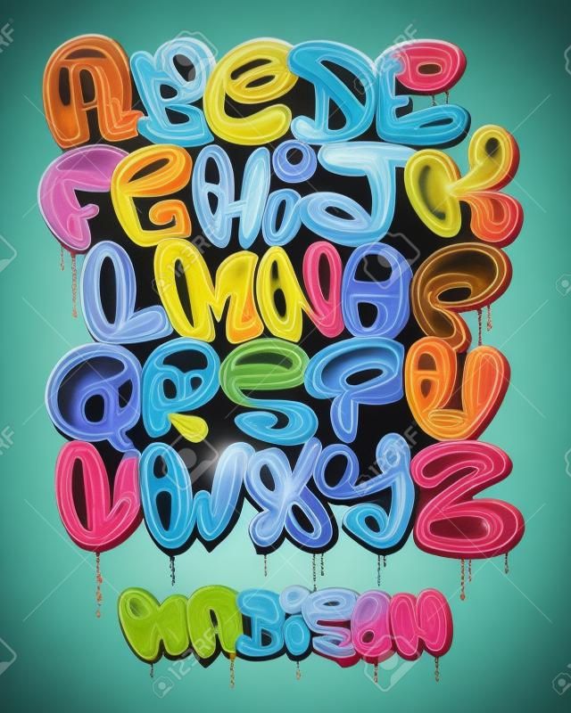 Zestaw alfabetu bąbelkowego w kształcie graffiti.