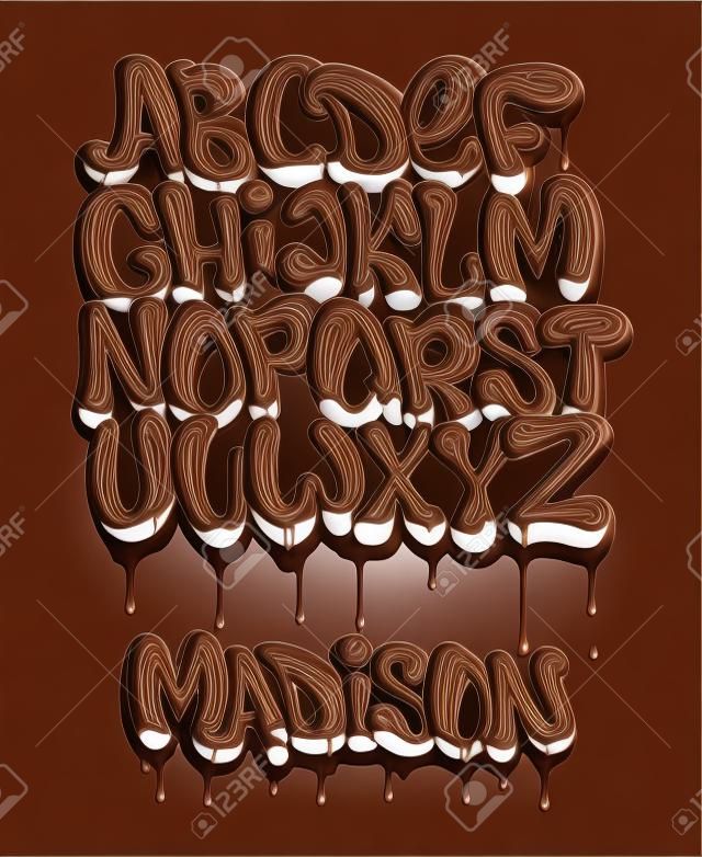 Alfabeto de chocolate establece estilo de fuente líquida.