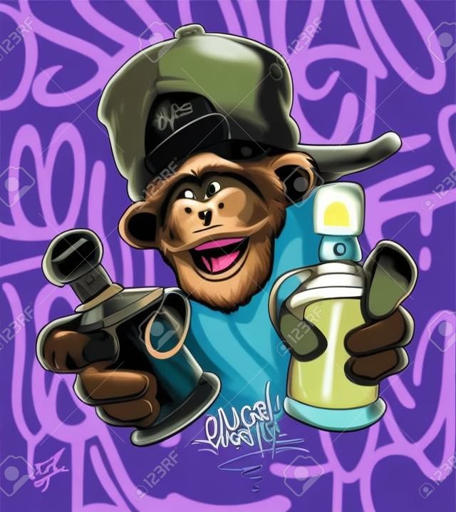 Małpa w czapce trzyma farbę w sprayu, wektor nadruk na koszulkę.