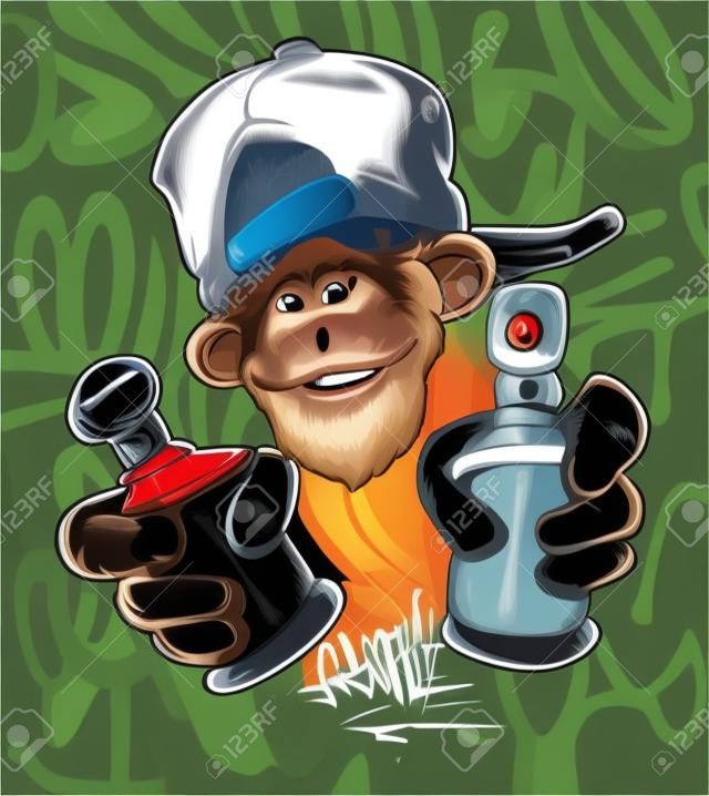 Monkey in cap holding a spray paint, vector print design for t-shirt.