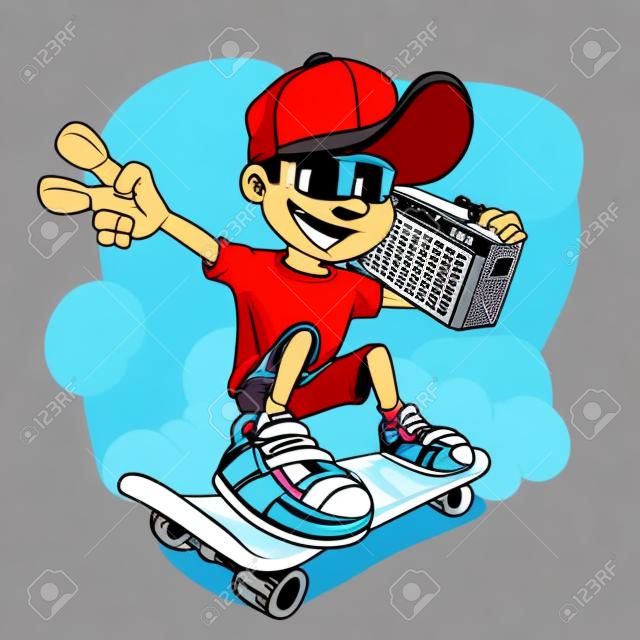 Cool boy skater con ghetto blaster, personaggio dei cartoni animati di vettore.