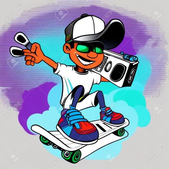 Cool boy skater con ghetto blaster, personaggio dei cartoni animati di vettore.