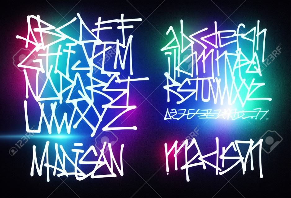 Fuente cibernética. Letras y números fuente de vector de graffiti futurista