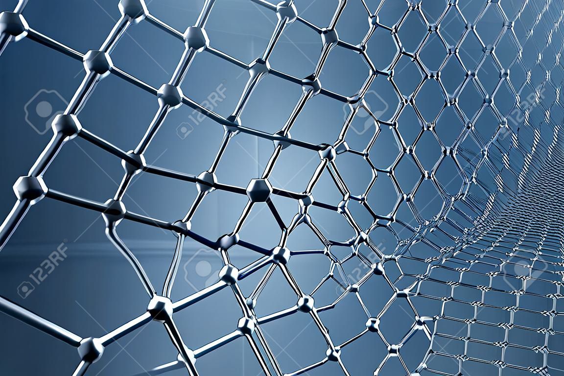 Renderingu 3D abstrakcyjne nanotechnologii sześciokątną formę geometryczną bliska, koncepcja grafenu strukturę atomową, pojęcie grafenu strukturę molekularną.