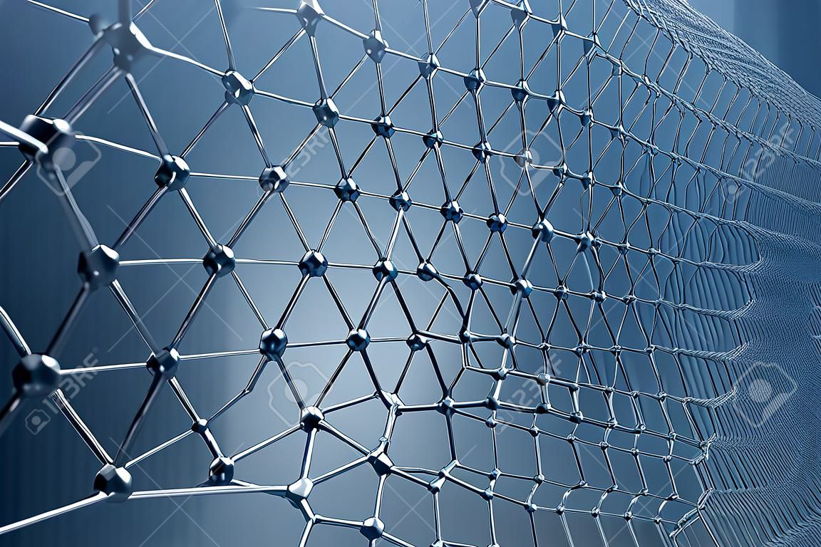il rendering 3d nanotecnologie esagonale forma geometrica primo piano, concetto grafene struttura atomica, concetto grafene struttura molecolare.