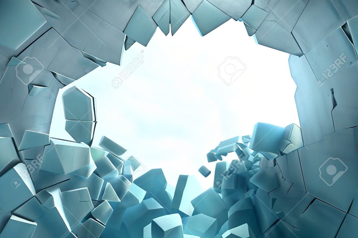 3D 그림 작은 조각으로 산산조각의 중심에 구멍이 얼음 벽. 배너, 광고를위한 장소. 폭발로 인해 벽에 균열이 생겼습니다. 얼음 금이 간 벽에 폭발 구멍