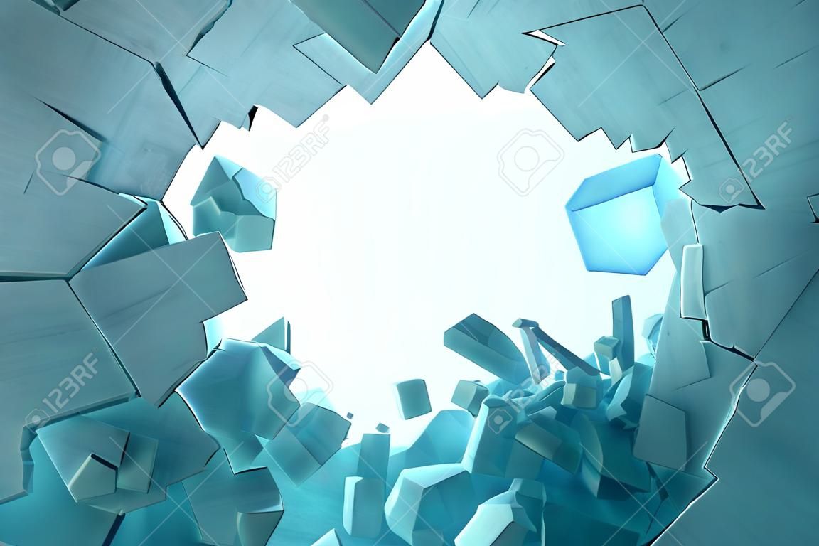 3D冰例证墙壁与一个孔的在粉碎的中心到小片断里。您的横幅，广告的地方。爆炸在墙壁上造成了裂缝。冰裂壁上的爆炸孔